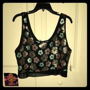 Crop top tank top with sequin floral design
